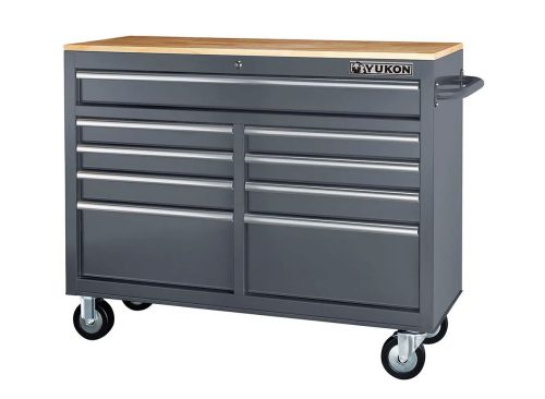 YUKON 46 in., 9-Drawer Mobile Storage Cabinet with Solid Wood Top, Gray