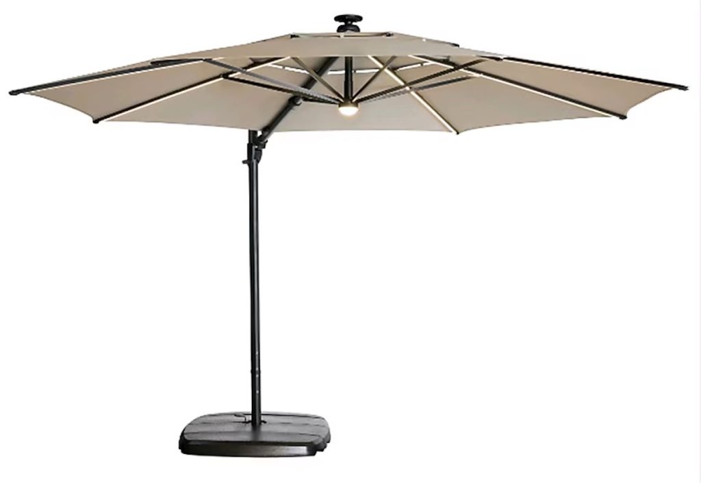 allen + roth 11-ft Aluminum Beige Slide-tilt Cantilever Patio Umbrella with Lights with Base