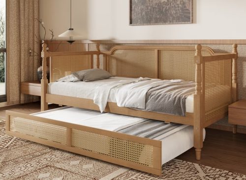 win Size Daybed, Rattan Wood Bed Frame with Twin Trundle Bed for Bedroom
