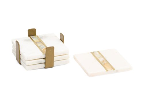 BELLA LUX Set Of 4 Marble And Mother Of Pearl Coasters With Gold Tone Holder