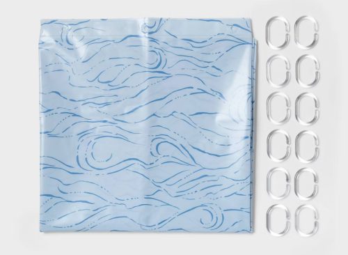 13pc PEVA Waves Shower Curtain and Rings Set Blue