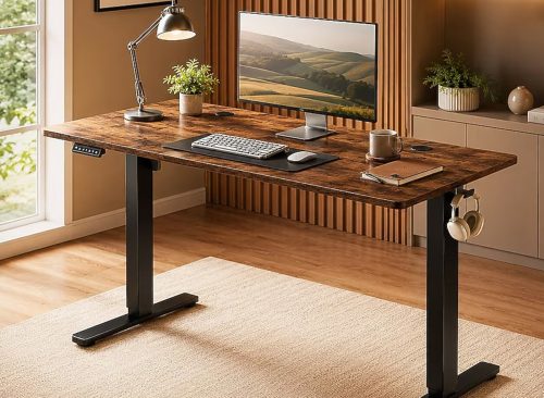Bestier 55in Brown Electric Standing Desk Height Computer Home Office Desk with Hooks and Wire Holes