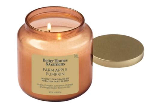 Better Homes & Gardens 2-Wick Orange Glass Jar Candle with Gold Lid, Farm Apple & Pumpkin, 14oz