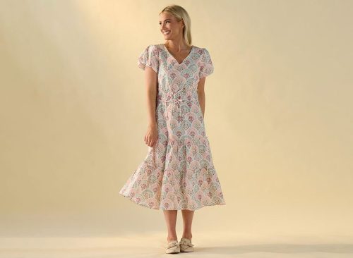 Block Print Puff Sleeve Midi Dress
