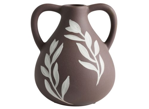 Brown and White Ceramic Botanicals Hand Painted Jug Vase