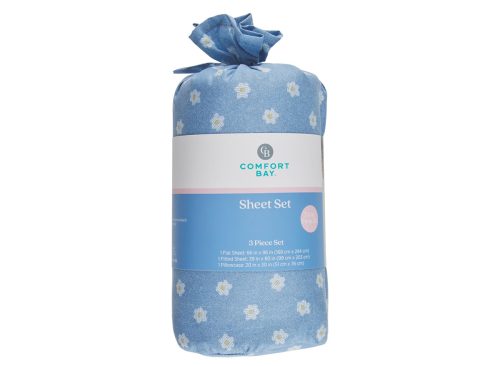 Comfort Bay Summer Blue Floral Print 3 Piece Sheet Set