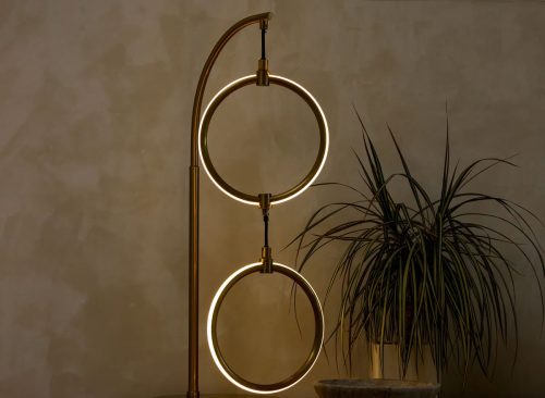 Double Hoop Novelty LED Halo Industrial Arched Gold Brass Table Lamp with Built In 3 Way Dimmer