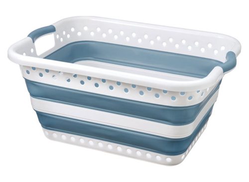 Easy Home Collapsible Laundry Bask, White and Blue