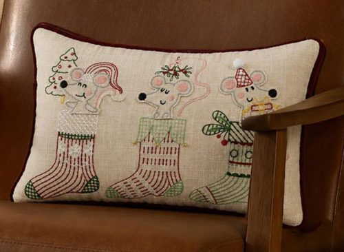 Embroided Christmas Mice Pillow
