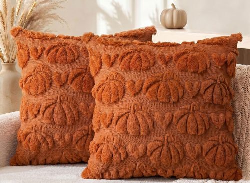 Fall Pumpkin Heart Throw Pillow Covers Set of 2 Caramel Autumn Thanksgiving Harvest Soft Plush Faux Fur Jacquard Cushion Cases for Sofa Couch and Home Decor