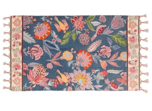 Floral & Bird Embroidered Blue Accent Rug