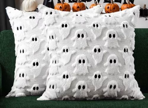 HBK Set of 2 Halloween Pillow Covers 18x18 inch, Ghost Throw Pillow Covers Soft Plush Faux Fur Halloween Decorations for Couch, Sofa, Bed, White