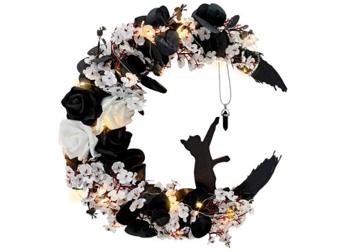 Halloween Wreath for Front Door, Flower Moon Cat Spooky Autumn Wreath, 13.7 x 9.8 Inch Handmade Halloween Home Door Wall Decoration for Indoor Outdoor Seasonal Decor