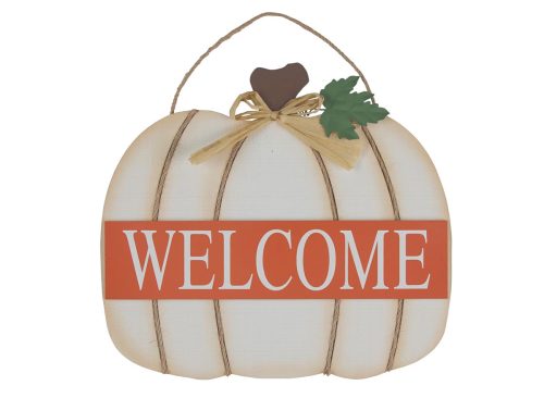  Harvest Cream Pumpkin-Shaped Wood Welcome Door Sign, Large