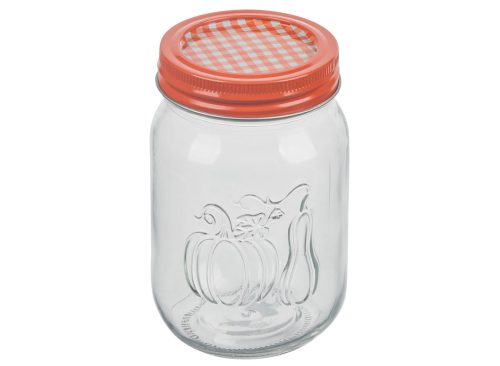 Harvest Pumpkin Embossed Clear Glass Pint Mason Jar with Orange Checkered Lid