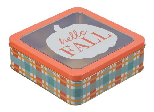Harvest Square Shaped Hello Fall Window Tin Storage Box