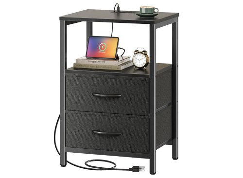 Huuger Nightstand with Charging Station, Side Table with Fabric Drawers | End Table with Open Shelf, Bedside Table with USB Ports and Outlets, Night Stand