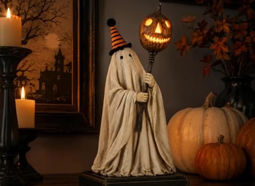 Lighted Vintage Ghost Figurine with Glowing Pumpkin Staff 