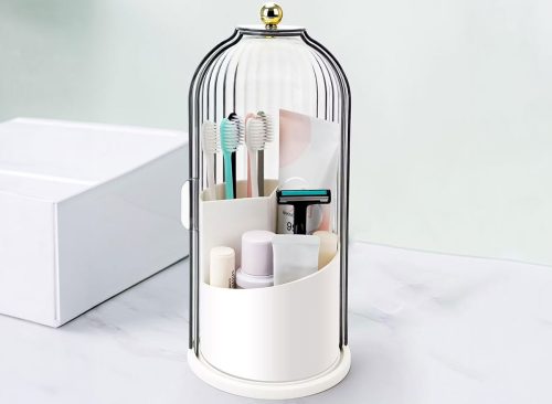 Maison Toothbrush and Makeup Brush Holder with Sliding Lid 3 Tiers White