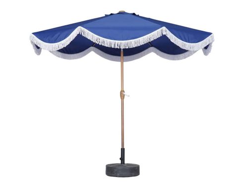 Navy Scallop Fringe Crank & Tilt Round Patio Umbrella with Faux Wooden Pole, 9'