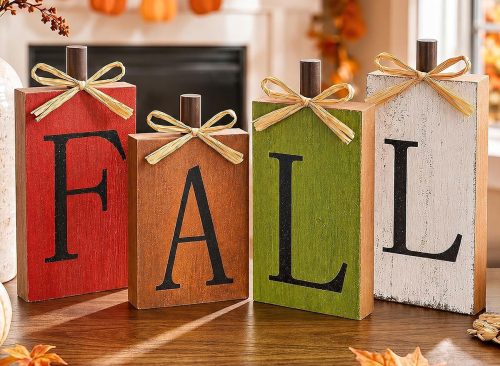 OLANRUN Fall Decorations for Home, Fall Decor - 4Pcs Vintage Wooden Autumn Thanksgiving Decorations