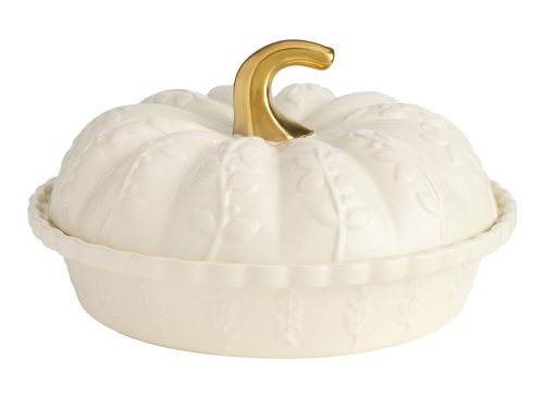 Off White Pumpkin Embossed Botanical Figural Deep Pie Dish