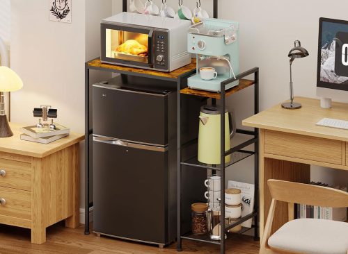  Over Mini Fridge Storage Shelf Fridge Stand for Dorm with 5 Lockable Hooks | Kitchen Bakers Rack, Coffee Bar, Microwave Oven Stand, Wine Cabinet