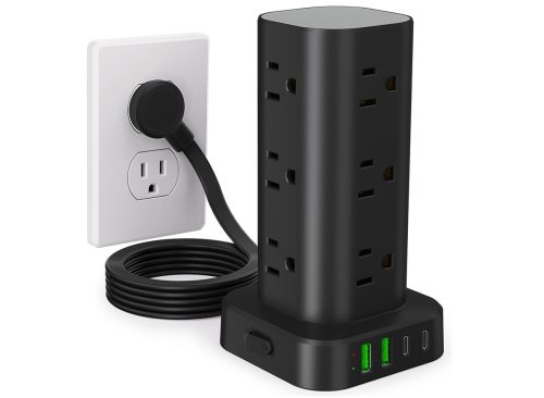 Power Strip Tower with Multiple Outlets, Flat Plug Surge Protector Tower Extension Cord with 12 AC Outlets 4 USB Ports (2 USB C), 6FT Cord Power Tower Surge