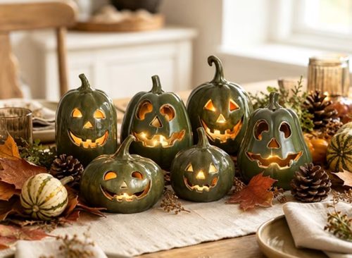 QLUEWX Green Handmade Resin LED Light Up Pumpkin Jack O Lantern Halloween Fall Glowing Pumpkin Lantern Ornament