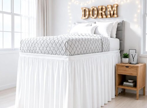 Shreem Linen Dorm Bed Skirt Twin XL 32 Inch Drop, 100% Microfiber Extra Long College Dorm Room Bed Skirts Dust Ruffle with Split Corners, White