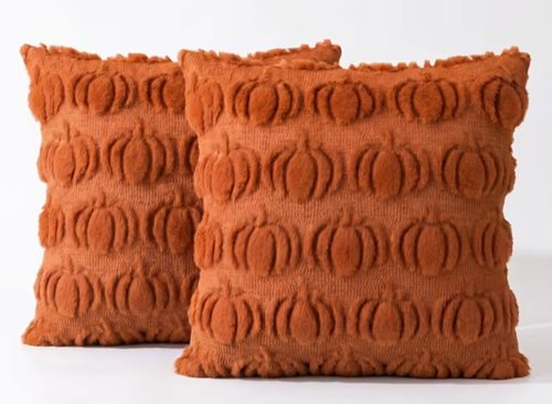 Sm:)e Pumpkin Plush Faux Fur Jacquard Fall Throw Pillow Cover 18x18 Inch, Set of 2, Silky Soft Seasonal Cushion Case for Sofa Couch Caramel