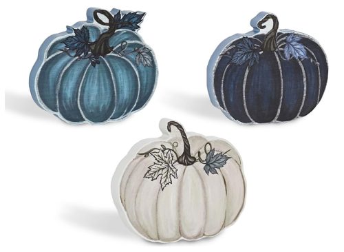 Smile Fall Wooden Decor Set 3-Piece Blue Tone Pumpkin Tabletop Signs for Autumn Harvest Home Decor