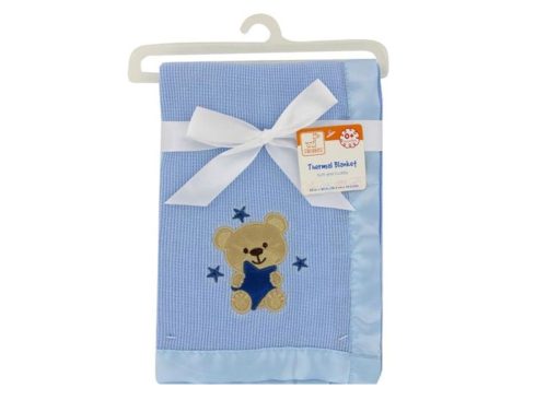 Thermal Baby Blanket with Satin Trim, Blue Teddy Bear Design