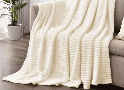 Throw Size Blanket, 230GSM Extra Soft Lightweight Bed Blanket with Strip , Plush Fuzzy Cozy Throws for Couch, Bed, Sofa Cozy, Warm and Breathable, 50x60" Beige
