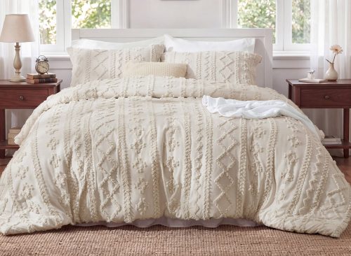 U by Bedsure Tufted Boho Comforter Set Full Beige 3 Pieces Farmhouse Shabby Chic Embroidery Bedding Set Soft Jacquard Comforter