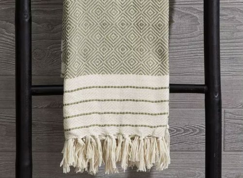 Green & White Striped Woven Throw Blanket