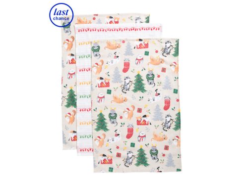 HUMANE WORLD FOR ANIMALS Set Of 3 Playful Christmas Cats Kitchen Towels